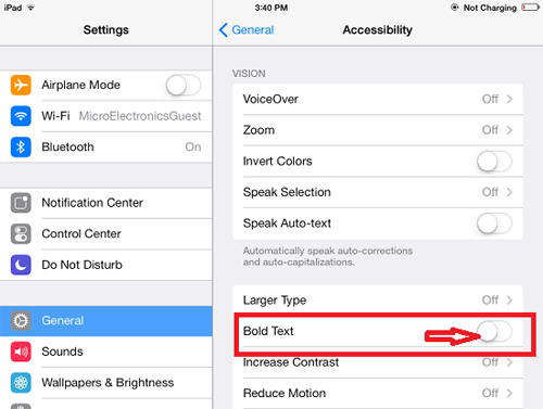 iOS 7 Accessibility Settings, Toggle Bold Text